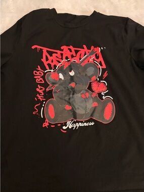 Black Graphic Teddy Bear "Happiness" Tee